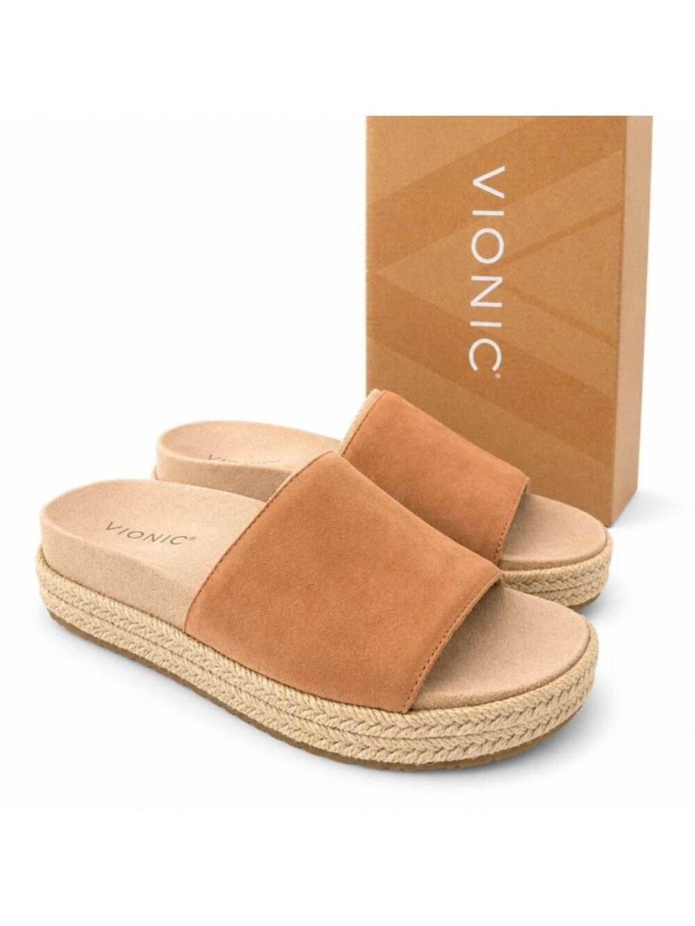 Vionic Yasmina Supportive Mocha Mousse Suede Platform Sandals Womens 6.5 Comfort
